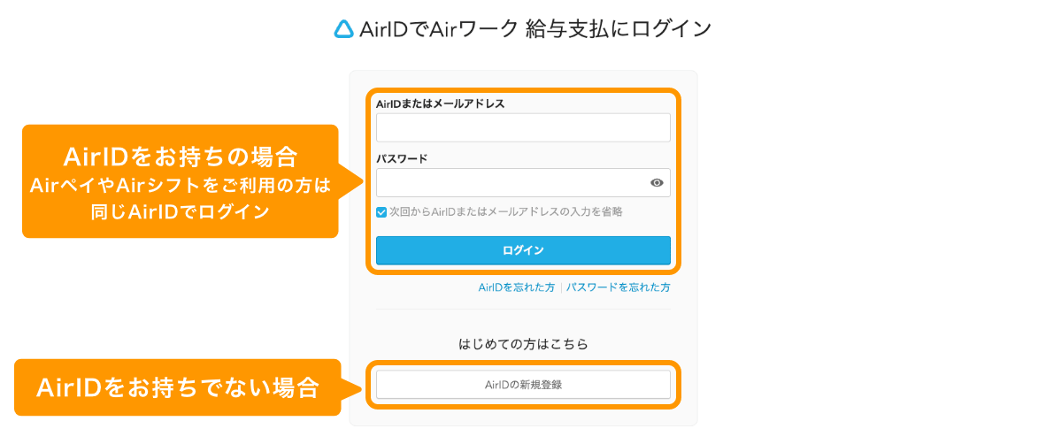 03 Airワーク給与支払 AirIDでAirワーク給与支払にログイン AirIDをお持ちの場合 AirペイやAirシフトをご利用の方は同じAirIDでログイン AirIDをお持ちでない場合 AirIDの新規登録